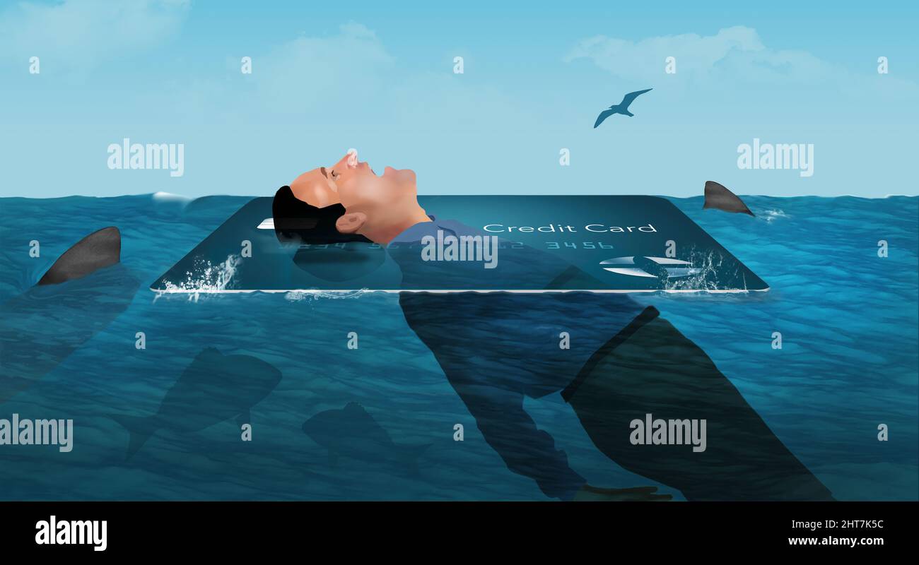 A man on his back with a credit card is floating in sea water and is surrounded by sharks in a 3-d illustration about drowning in debt. Stock Photo