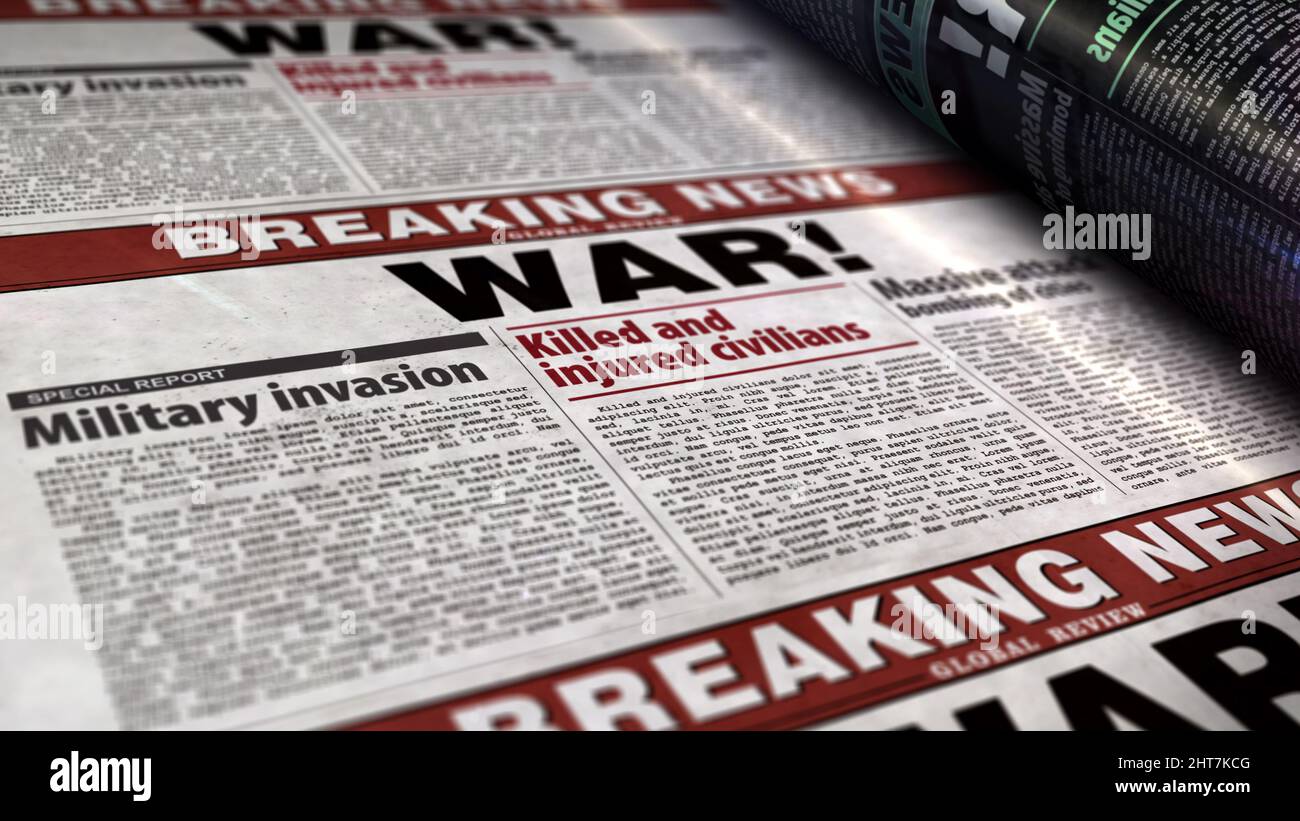War news, humanitarian crisis and military invasion. Newspaper print ...
