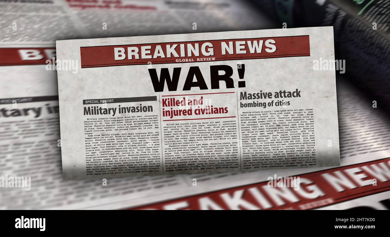 War news, humanitarian crisis and military invasion. Newspaper print ...