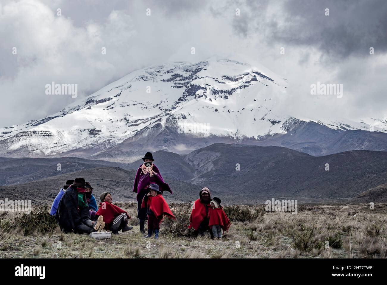 Indigenous family chimborazo landscape background ecuador latin ecuadorian Stock Photo
