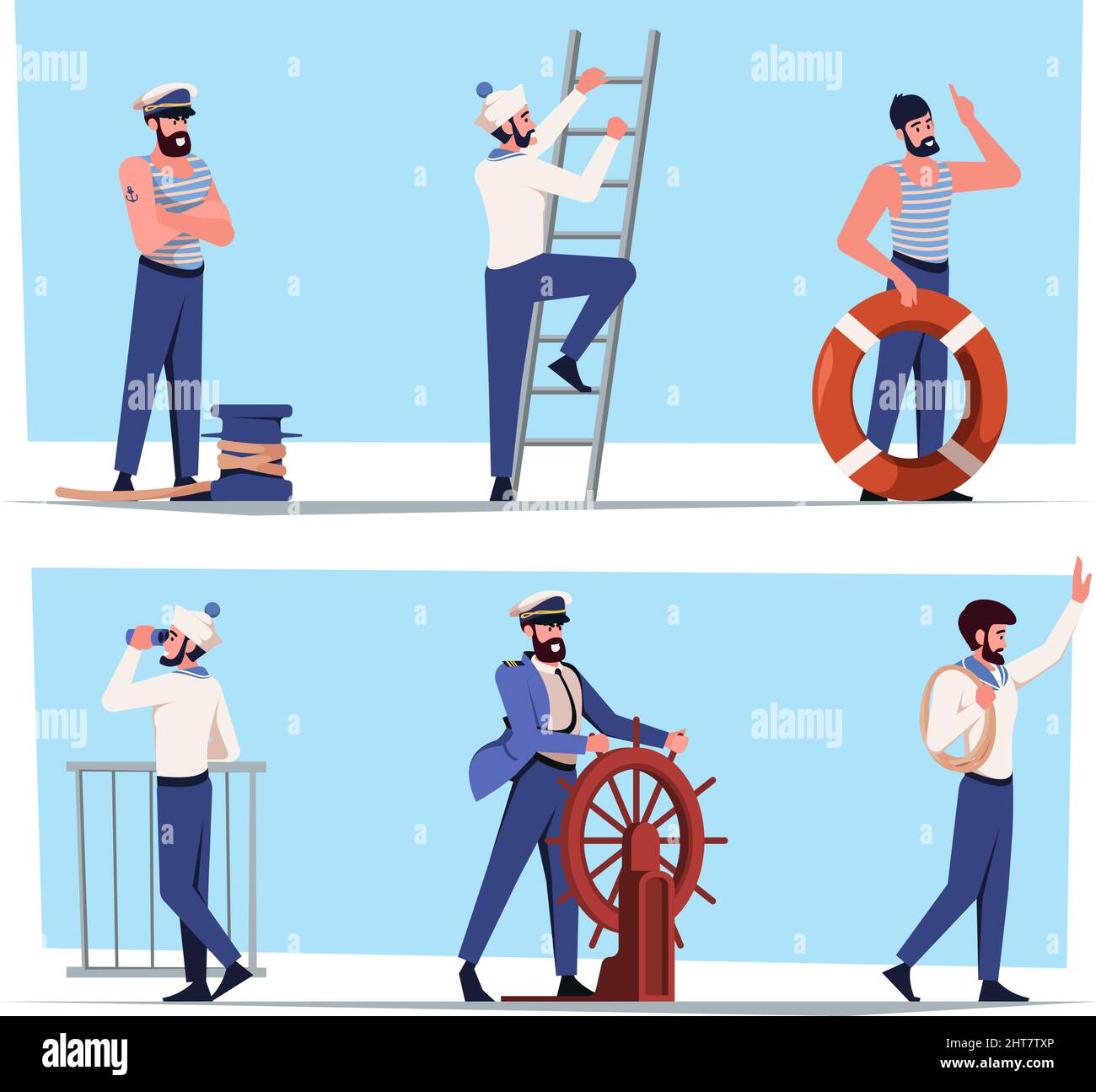 Sailors. Flat marine characters young captains and sailors in work professional costumes garish vector characters in cartoon style Stock Vector