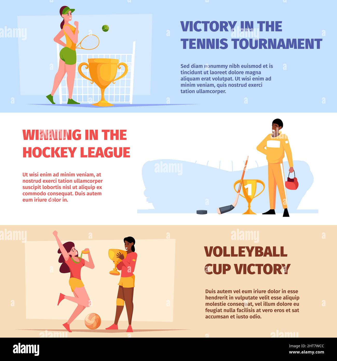Sport banners. Olympic happy athletes winners with trophy cups boxers volleyball players runners garish vector print templates with place forsonal Stock Vector