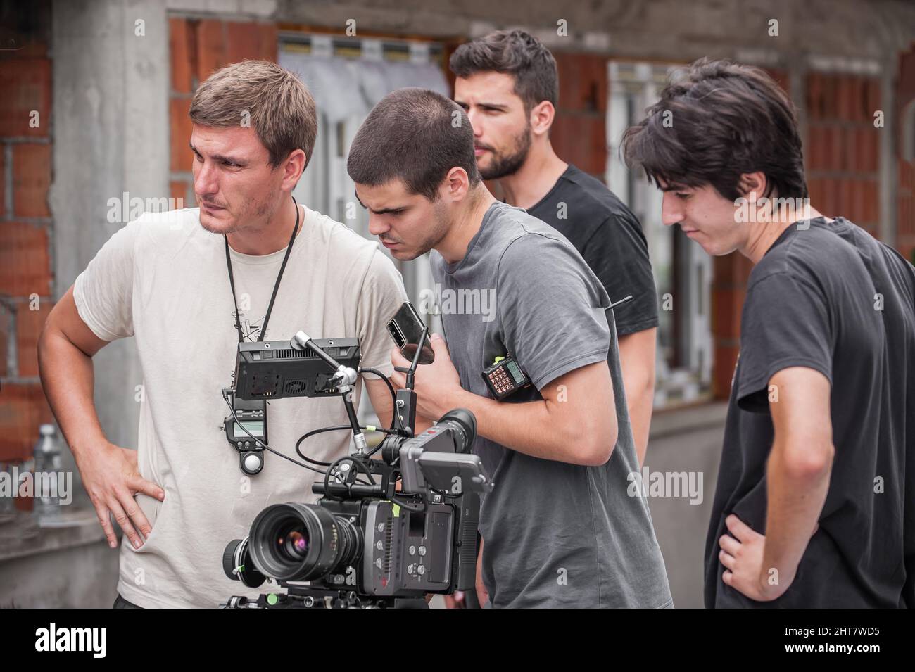 Behind the scenes. Film crew team shooting movie scene on outdoor