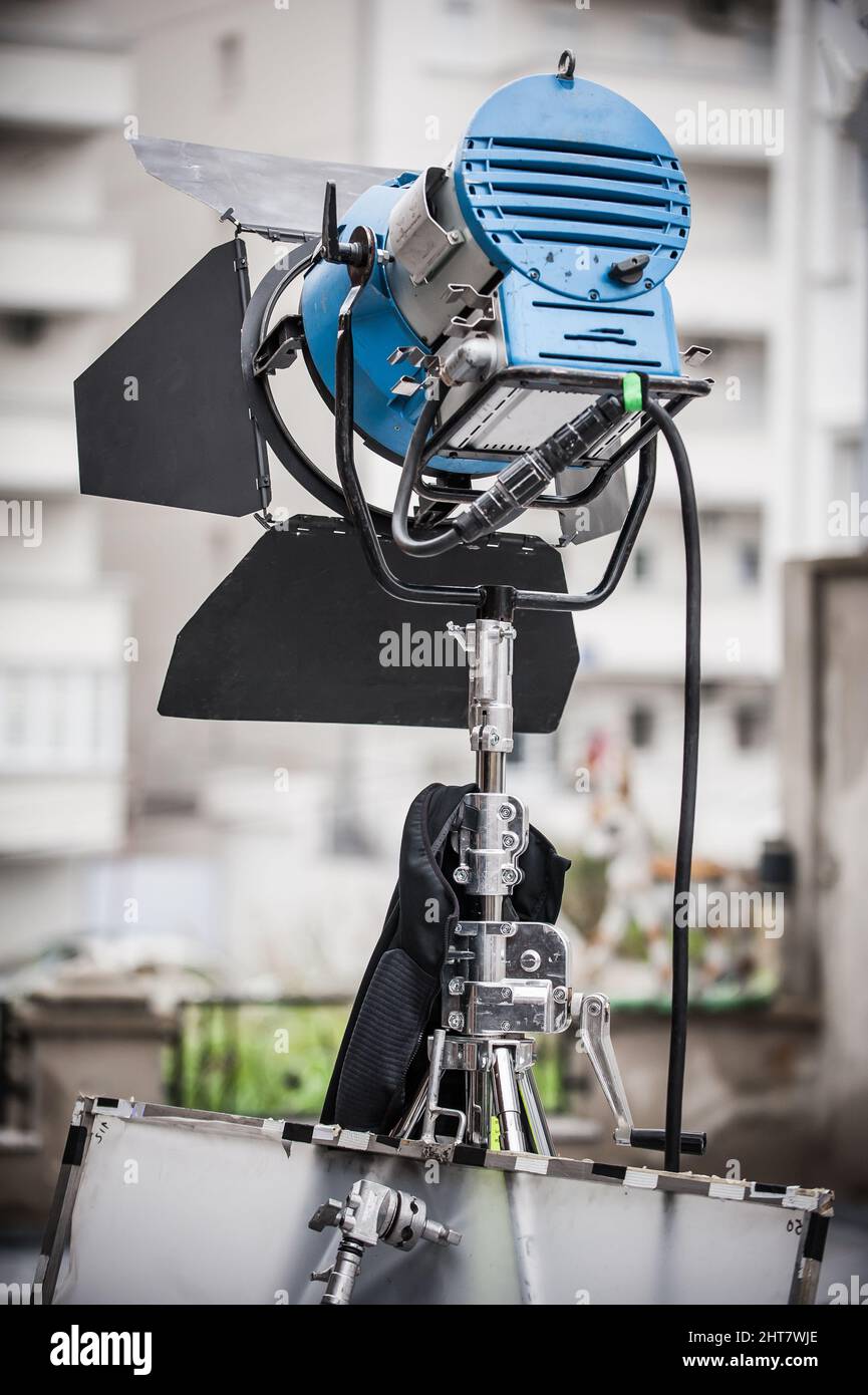 Behind the scene. Lighting equipment on the set for filming. Lights for