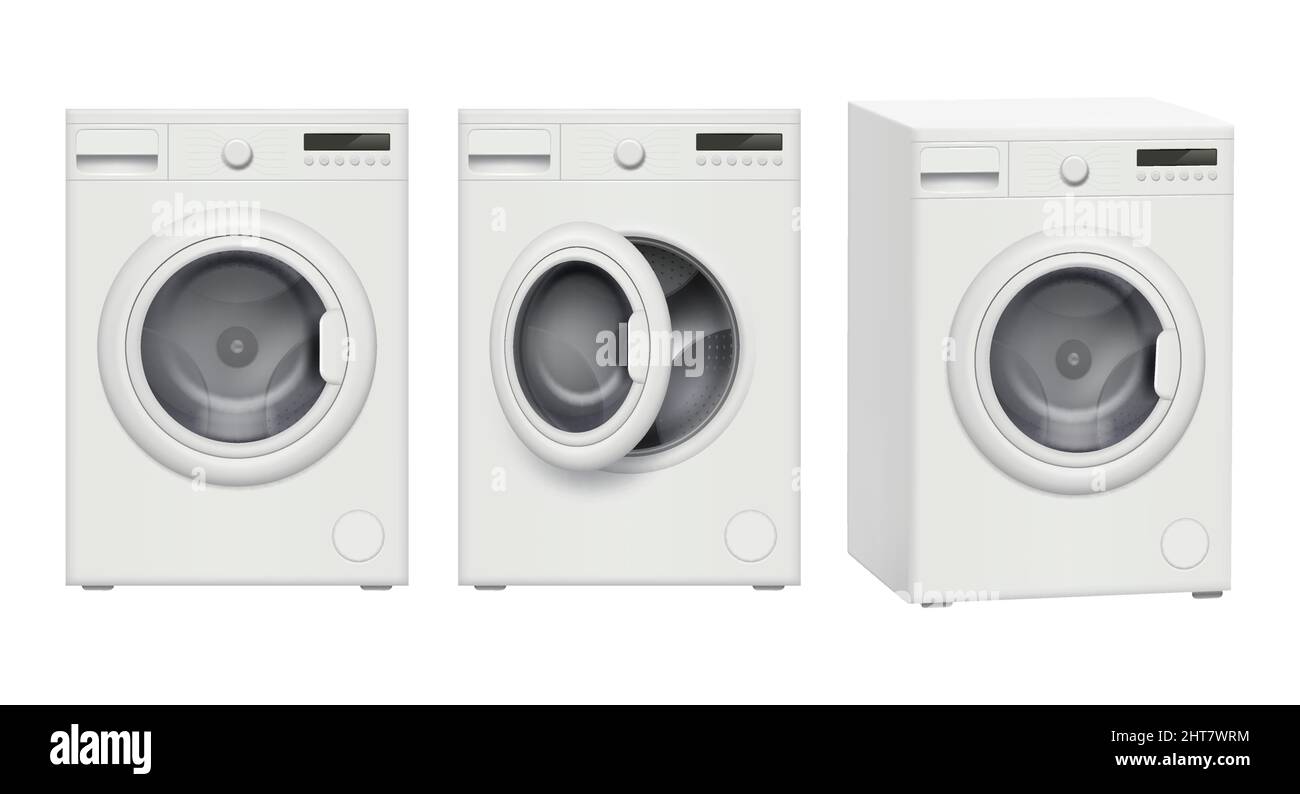 Washing machine. Laundry service technics hygiene items decent vector realistic washing machine Stock Vector