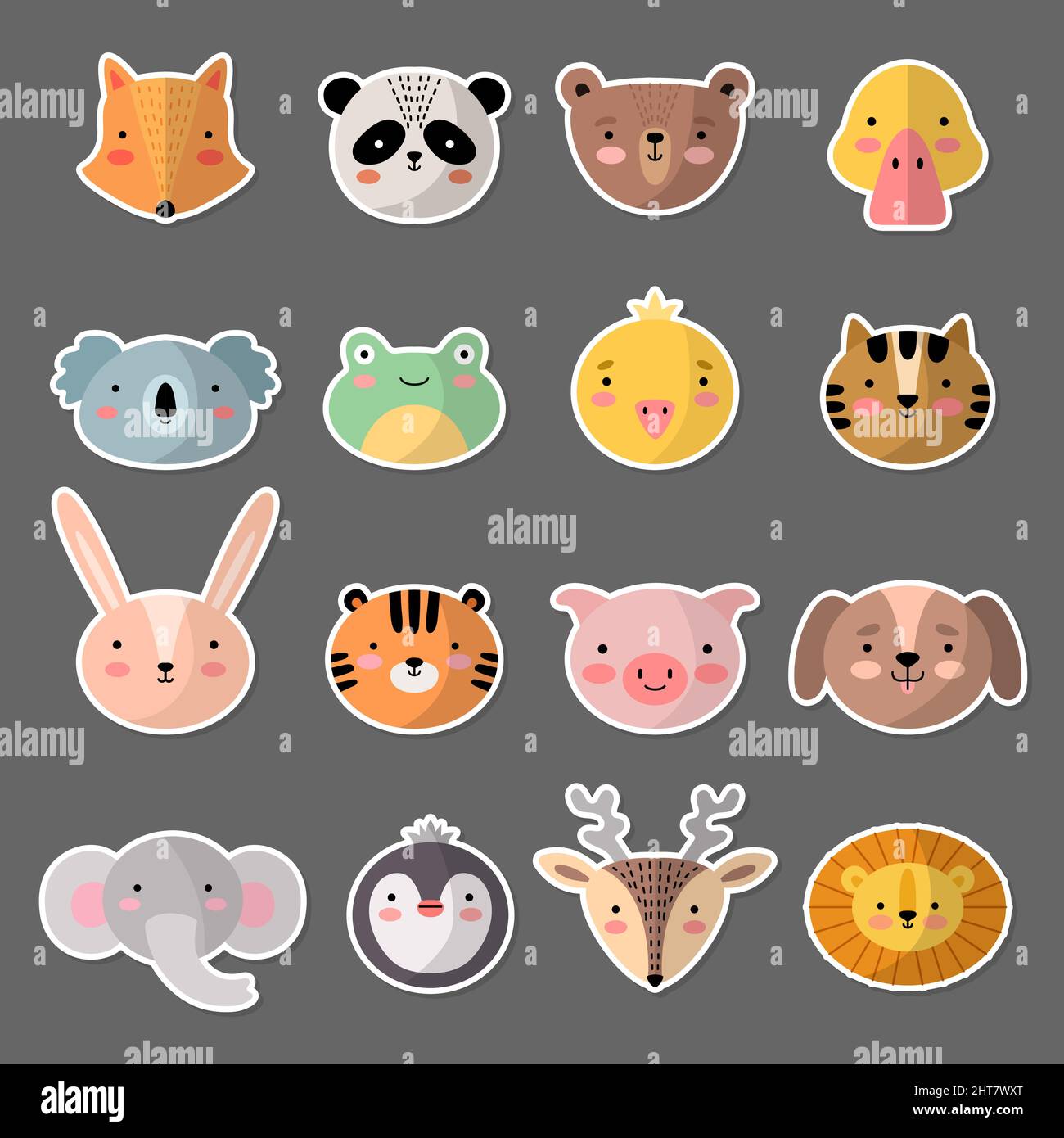 Cute animal head. Kawaii faces smiling avatars different expressions penguin panda pig stickers recent vector illustrations set Stock Vector