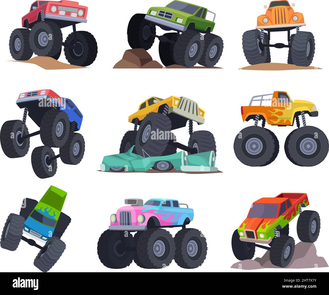 Monster trucks. Sport colored transport with big aggressive heavy wheels exact vector racing cars pictures set Stock Vector