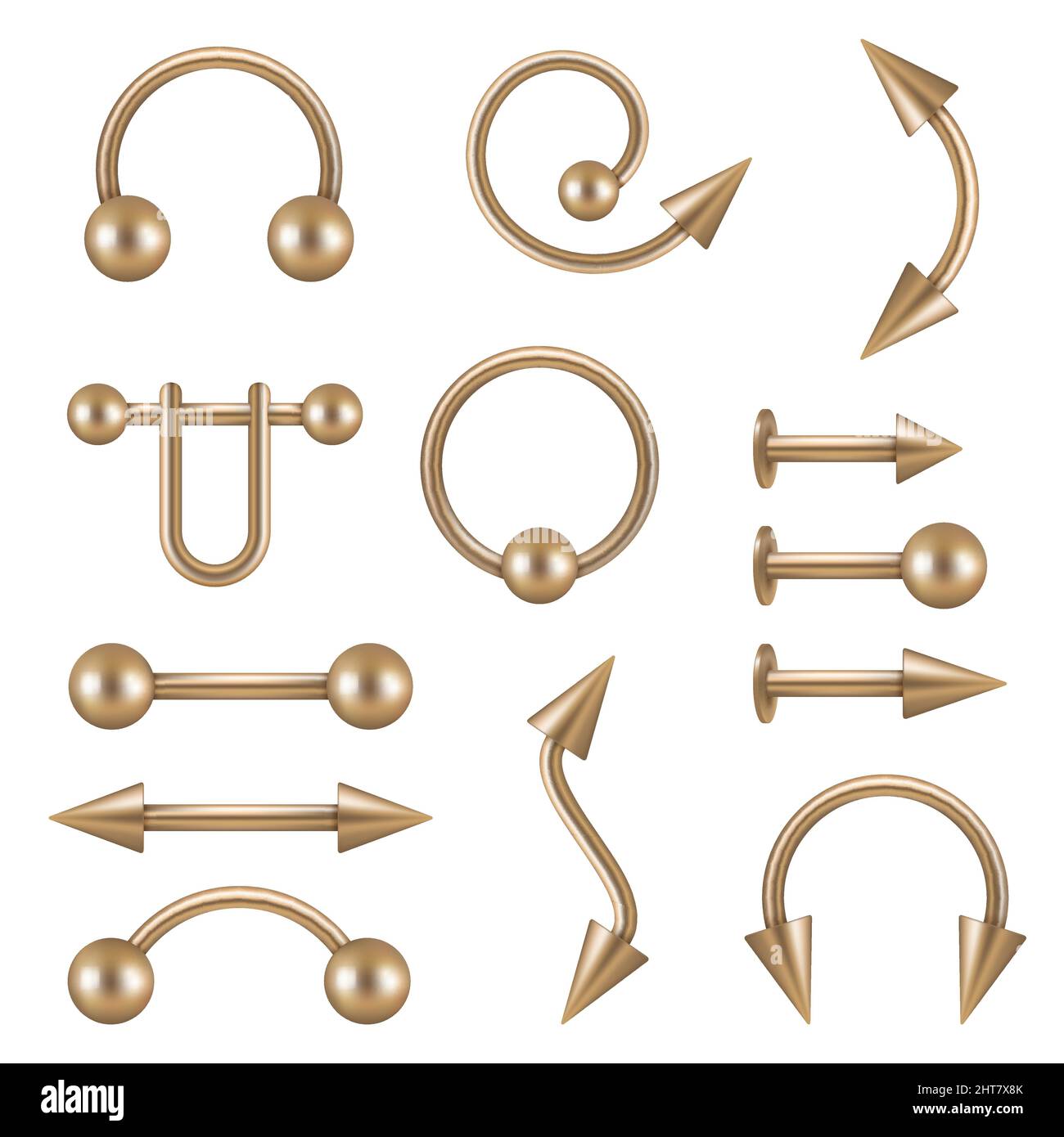 Piercing elements. Tattoo salon jewelry for face decoration nose lips ear metallic objects geometric shapes and arrows decent vector realistic 3d set Stock Vector