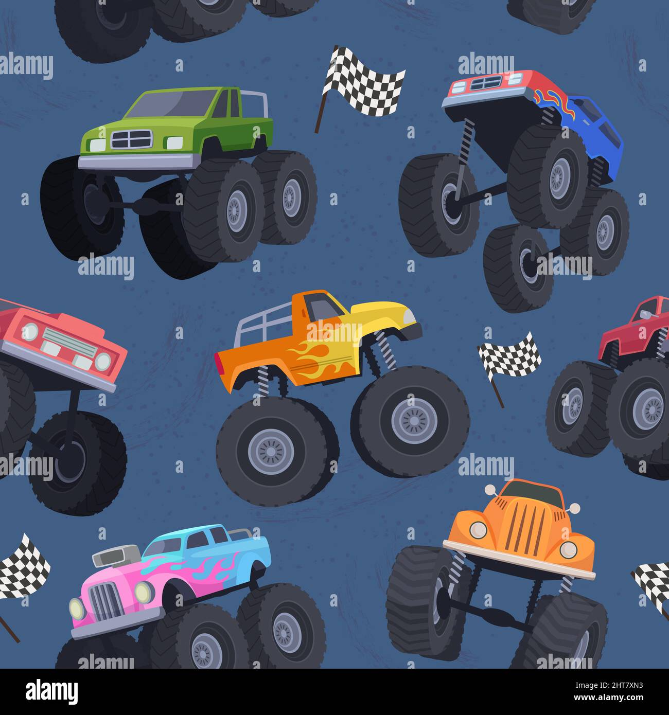 Monster truck pattern. Textile template illustrations with big wheel cars exact vector seamless background Stock Vector