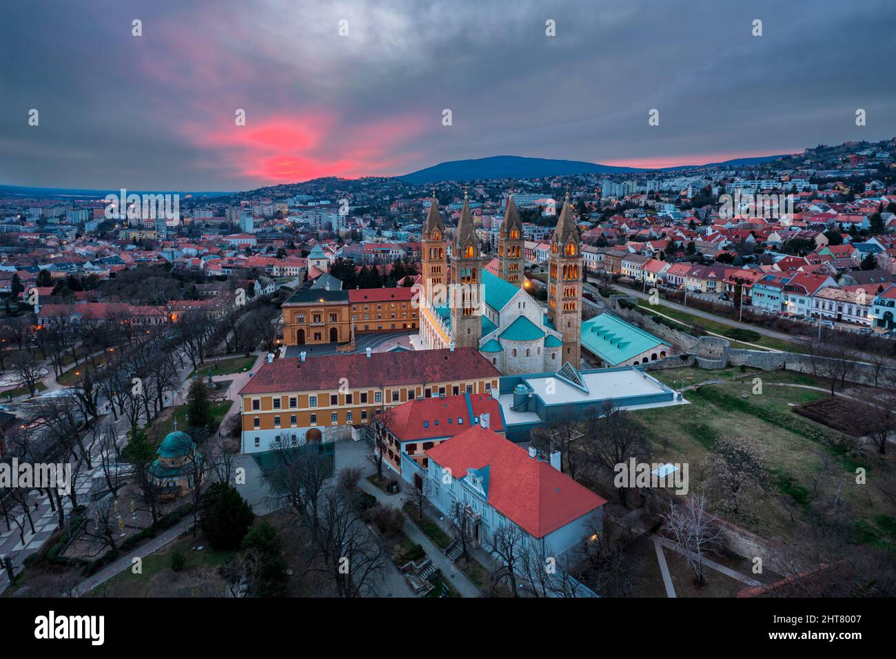 Aerial photo about the Giant church in Pecs city. Hungary. Hungarian name is Pécsi bazilika. Stock Photo