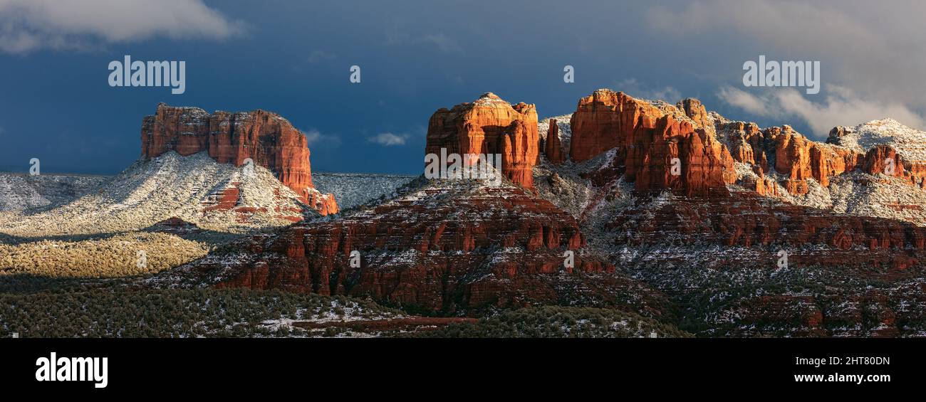 Sedona, Arizona with snow on Cathedral Rock Stock Photo