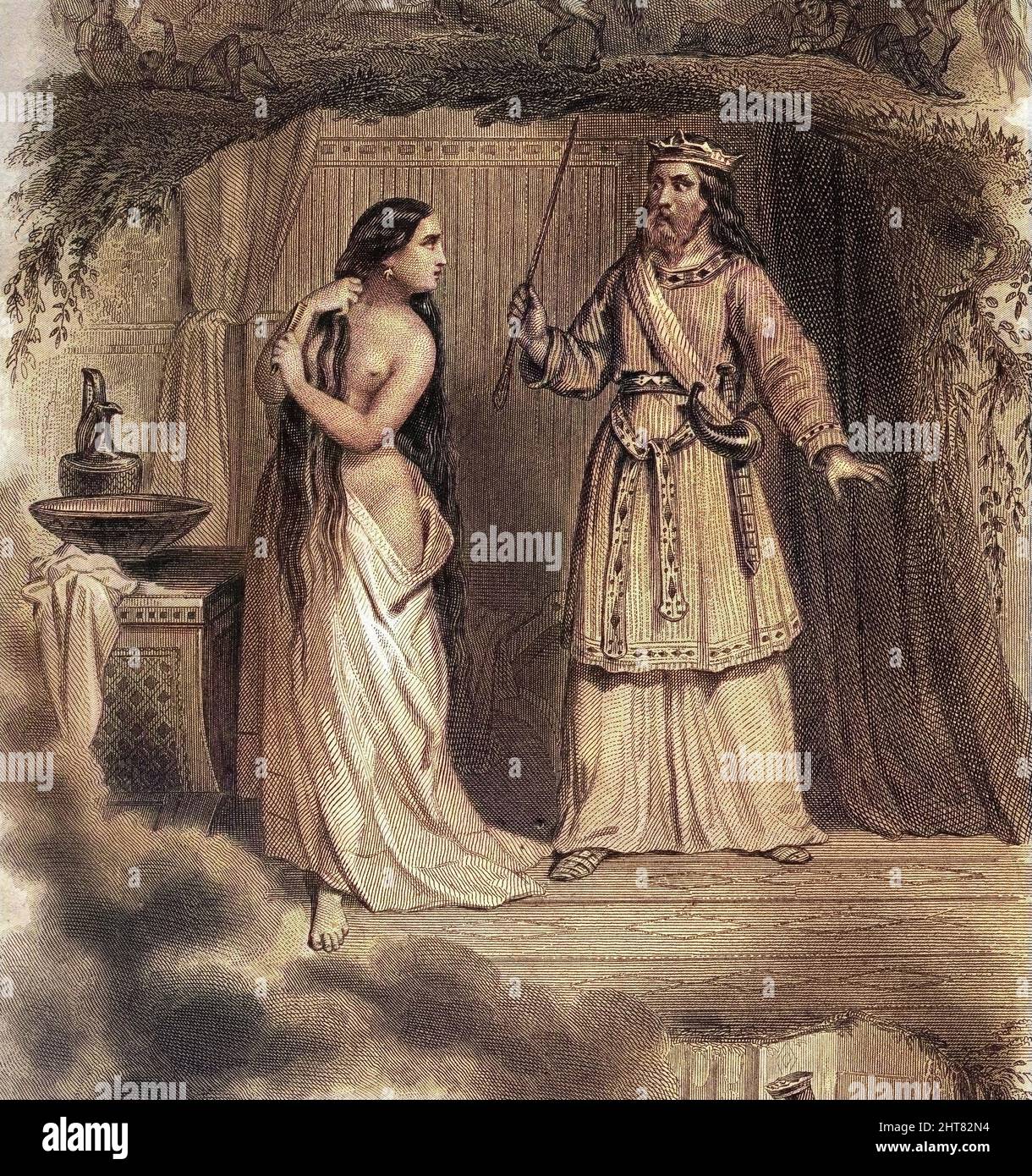 Fredegonde (545-597) takes her husband, King of the Francs Chilperic I (543-597), for her lover, Landeric. The king discovers as his wife cheats on him. Frédégonde (545-597) prend son mari, le roi des Francs Chilpéric Ier (543-597), pour son amant, Landeric. Le roi découvre alors que sa femme le trompe. Stock Photo