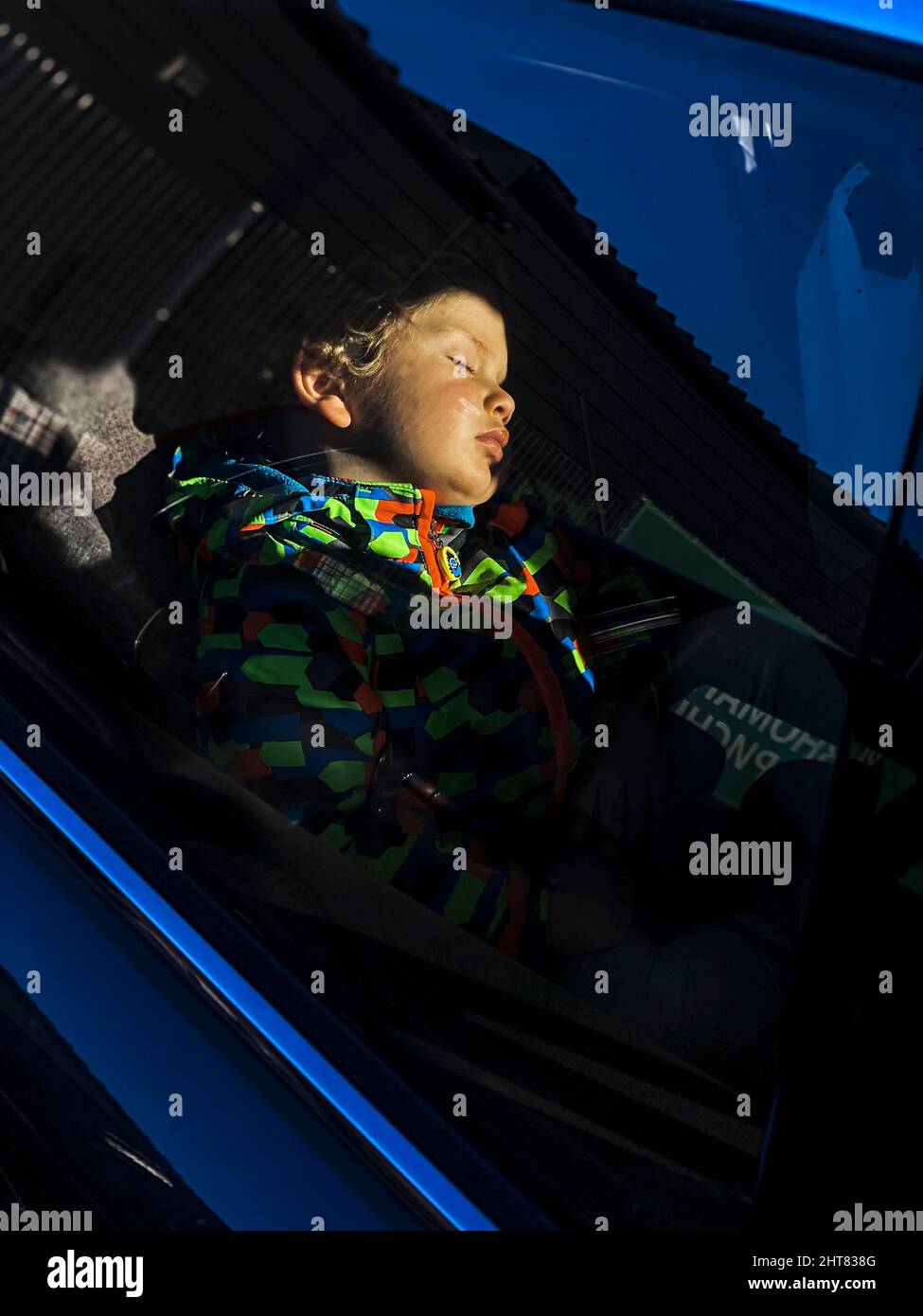 baby sleeping in car seat Stock Photo