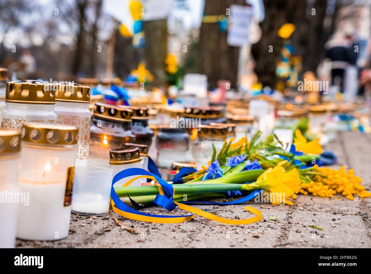 Thousands candles and flowers standing on the street during the war in