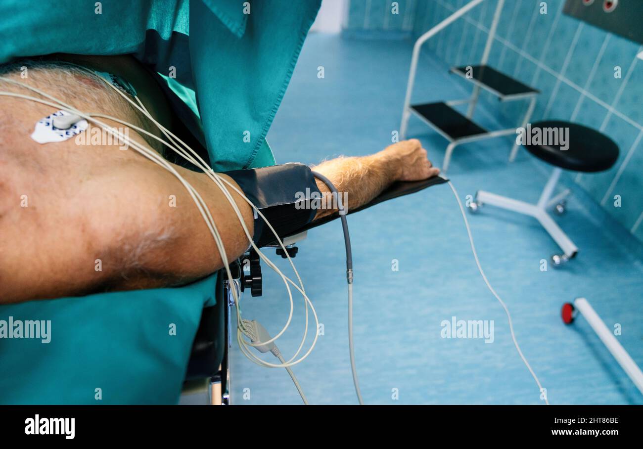 ECG electrodes on the patient. In hospital. Healthcare and medicine