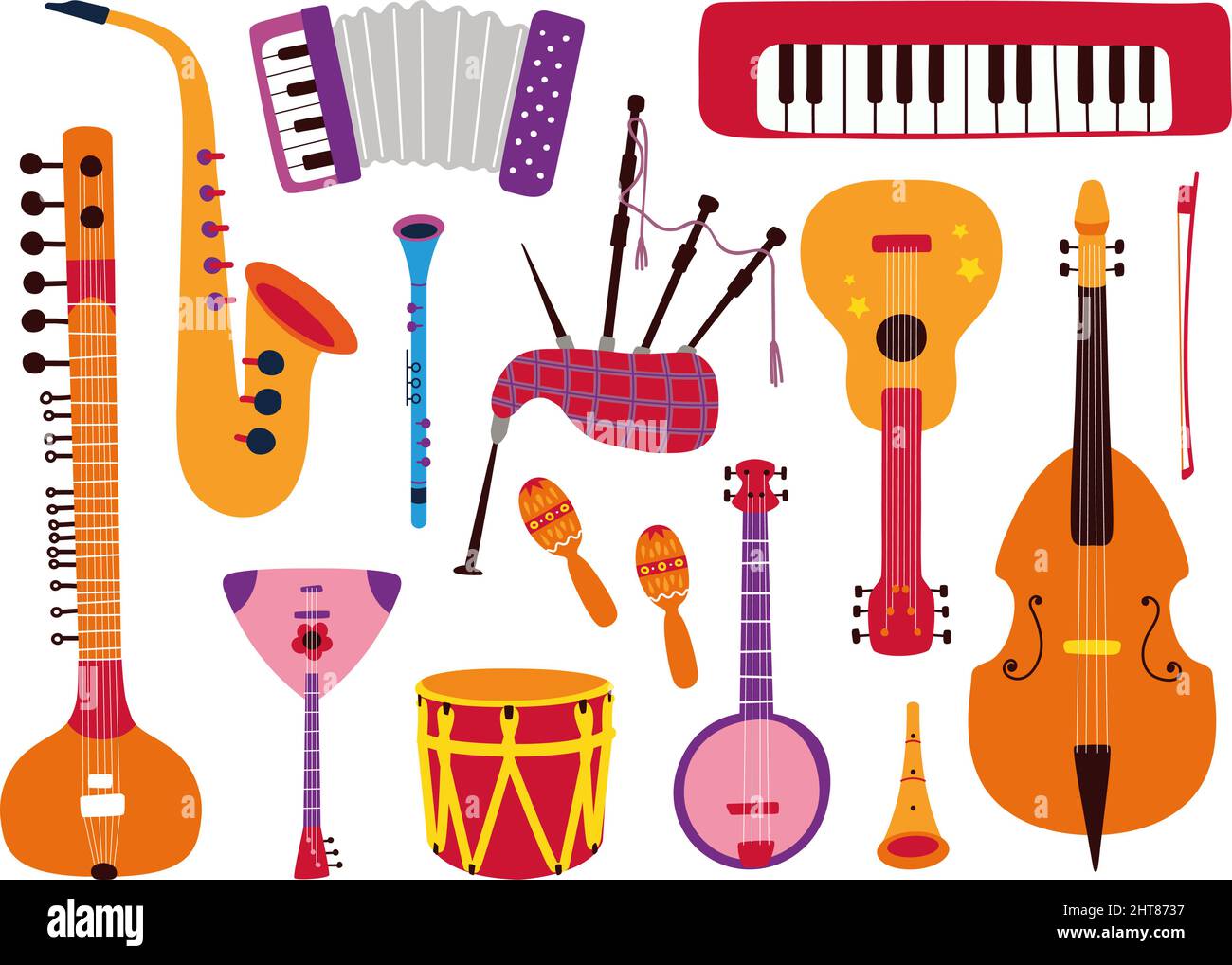 Cartoon musical instruments. Composer instrument, guitar and violin.  Isolated accordion, band music elements. Flute saxophone, entertainment or  hobby Stock Vector Image & Art - Alamy