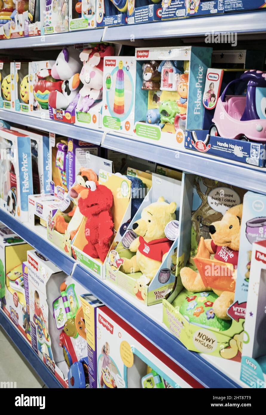 A closeup of a variation of Fisher-Price brand toys for sale in an Akpol store. Stock Photo