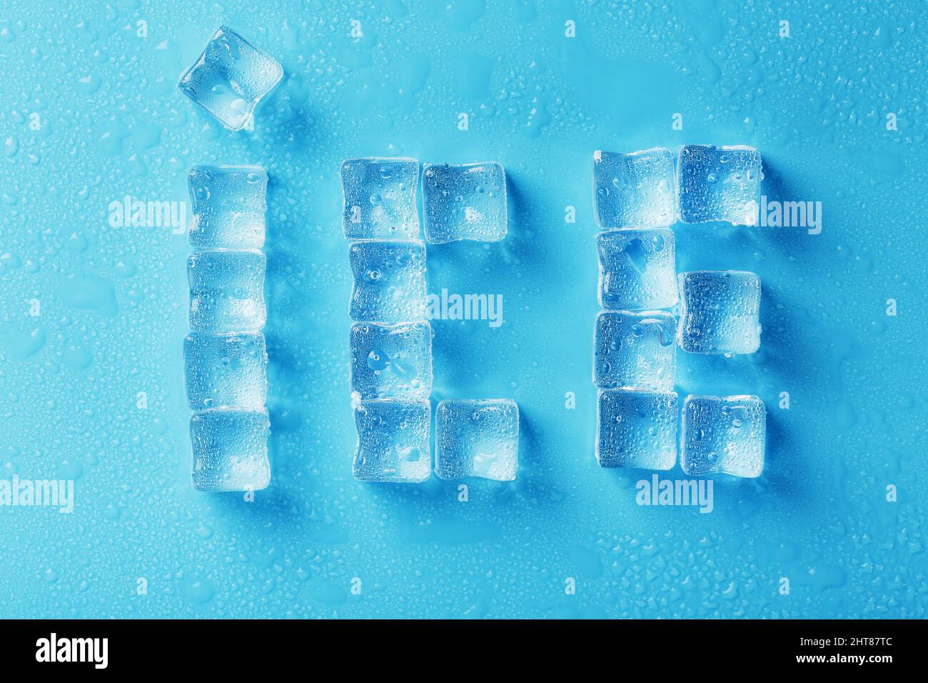 The inscription ICE made of ice cubes on a blue background Stock Photo