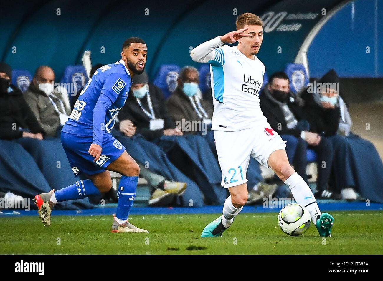 Valentin RONGIER of Marseille during the French championship Ligue 1 football match between ESTAC Troyes and Olympique de Marseille on February 27, 2022 at Stade de l'Aube in Troyes, France - Photo: Matthieu Mirville/DPPI/LiveMedia Stock Photo