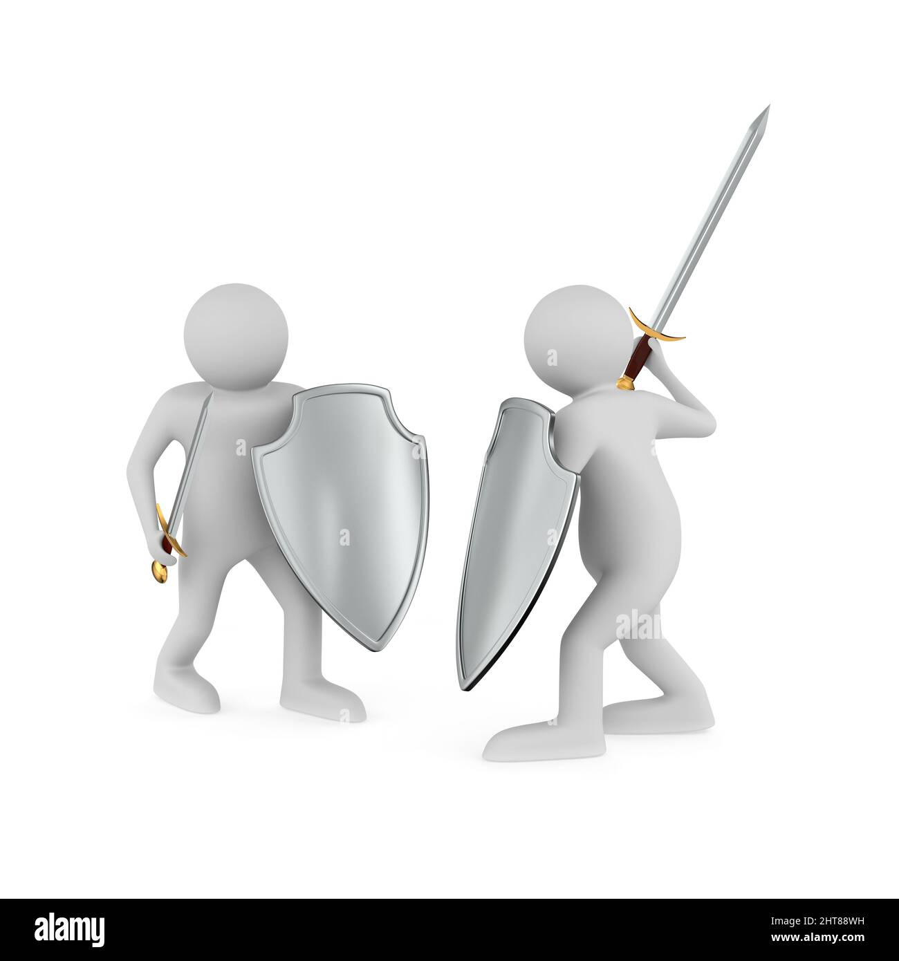 Two knights with sword and shield on white background. Isolated 3D illustration Stock Photo