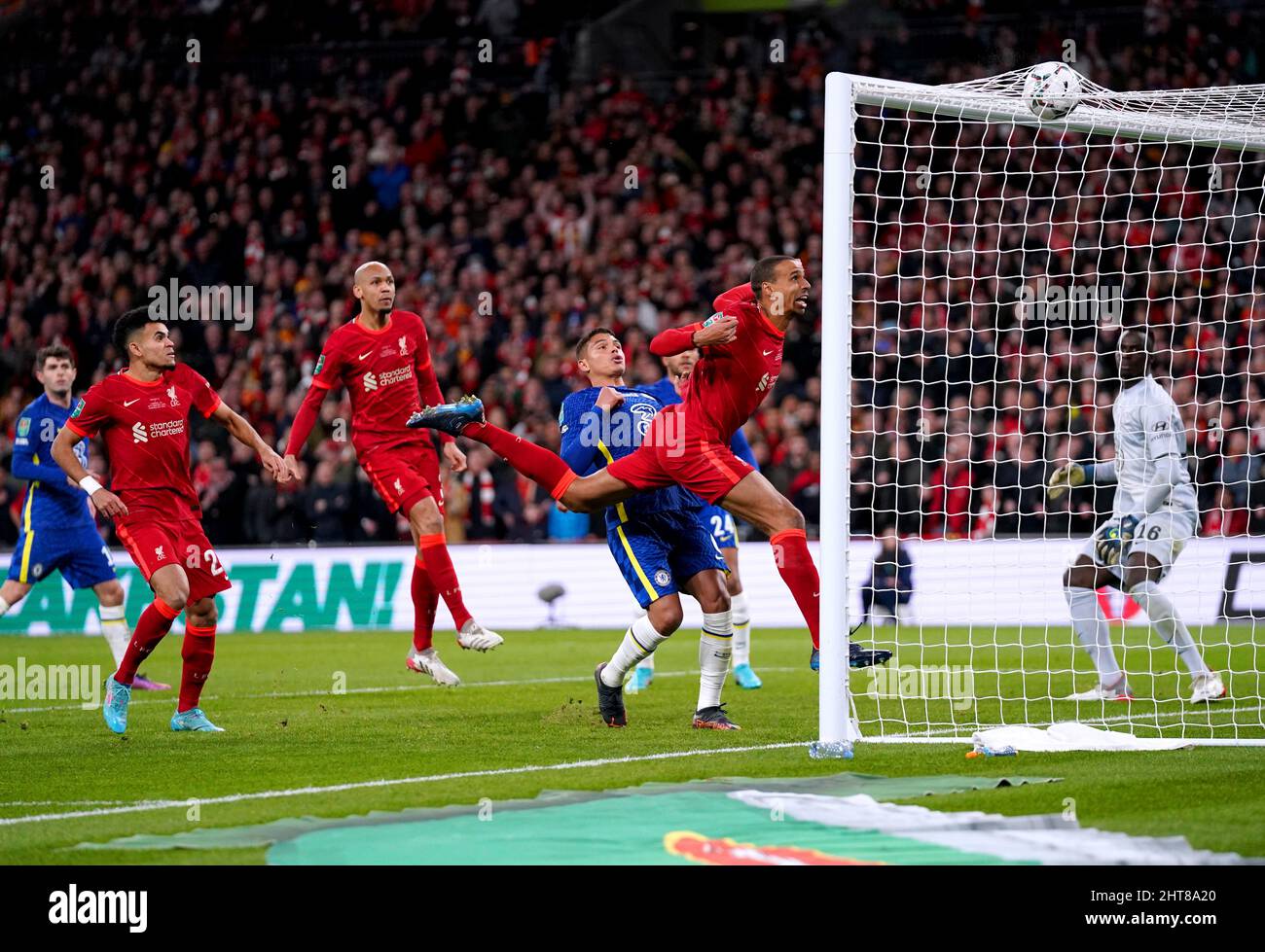 Liverpool's Joel Matip scores a goal before it is later disallowed during the Carabao Cup final at Wembley Stadium, London. Picture date: Sunday 27th February, 2022. Stock Photo