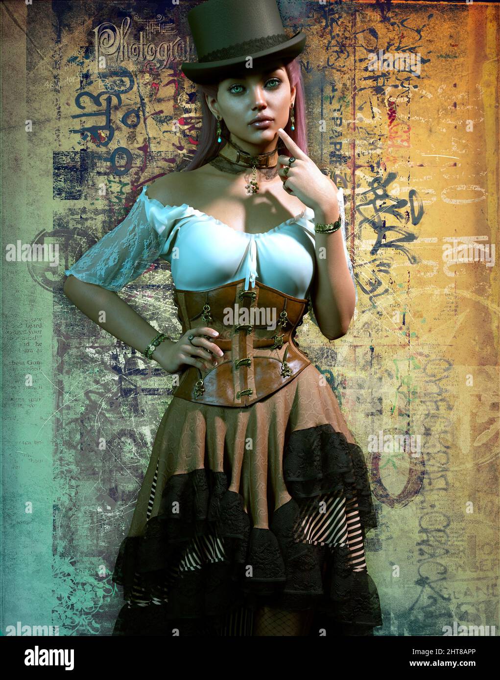 3d computer graphics of a lady with Steampunk dress and topper Stock Photo
