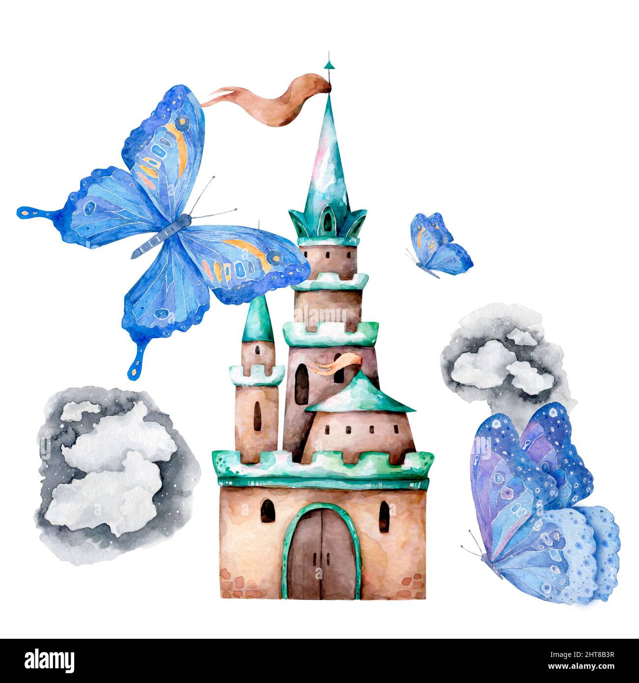 watercolor castle, butterflies, fairy tale, childhood dream Stock Photo