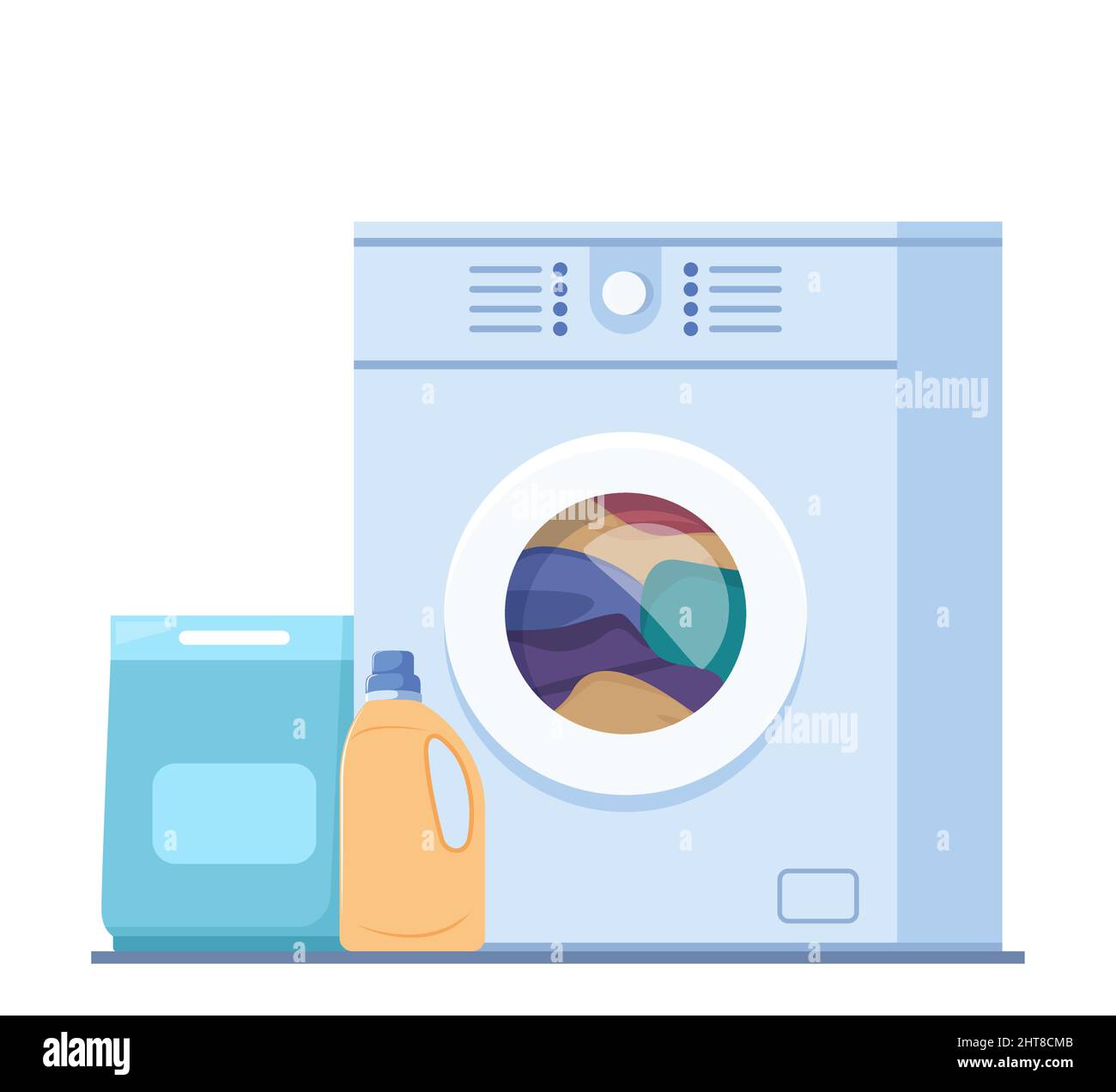 Washing machine with linen in it and cleaning products, washing powder