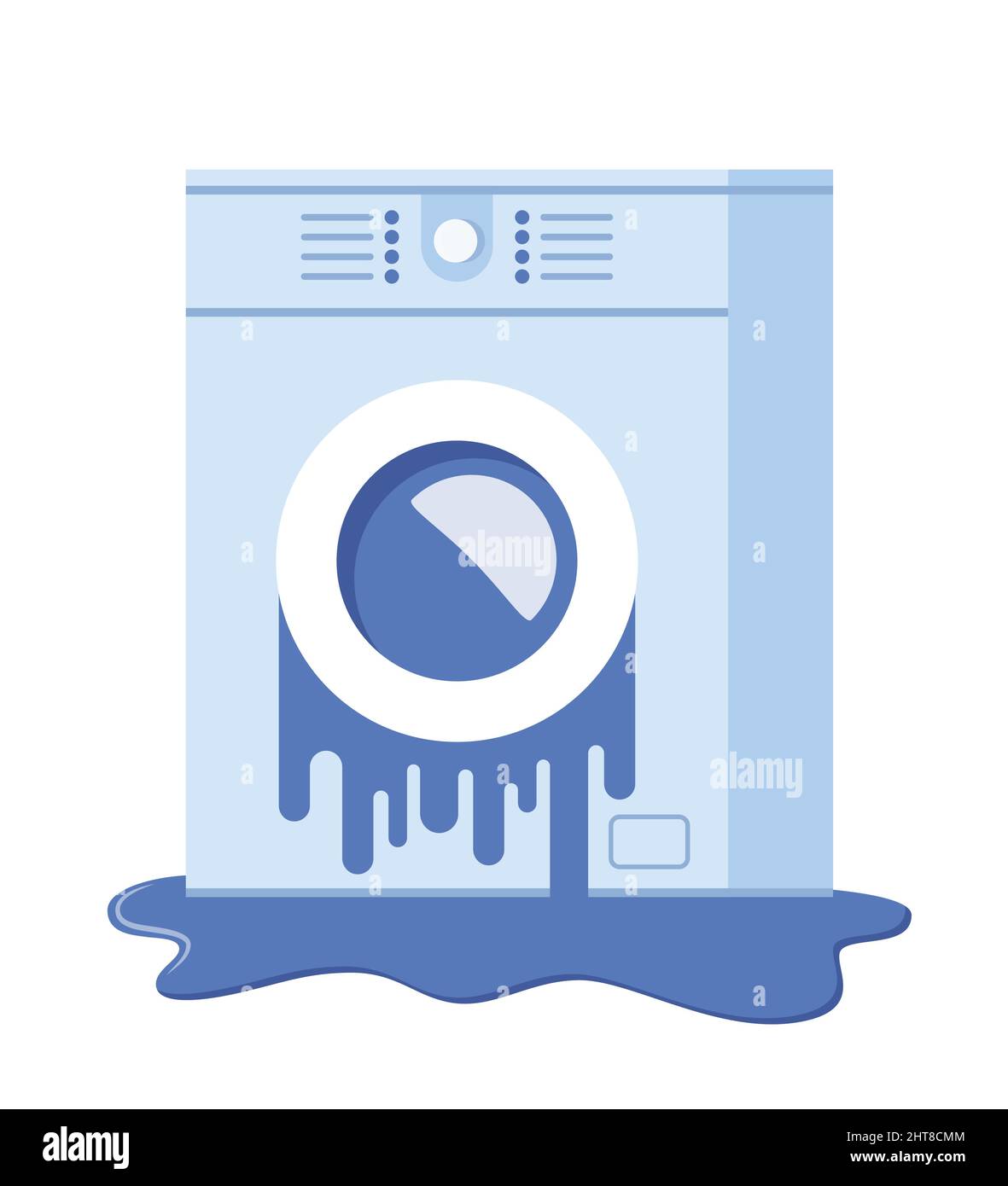 Broken washing machine. Damaged washer with water flowing on floor