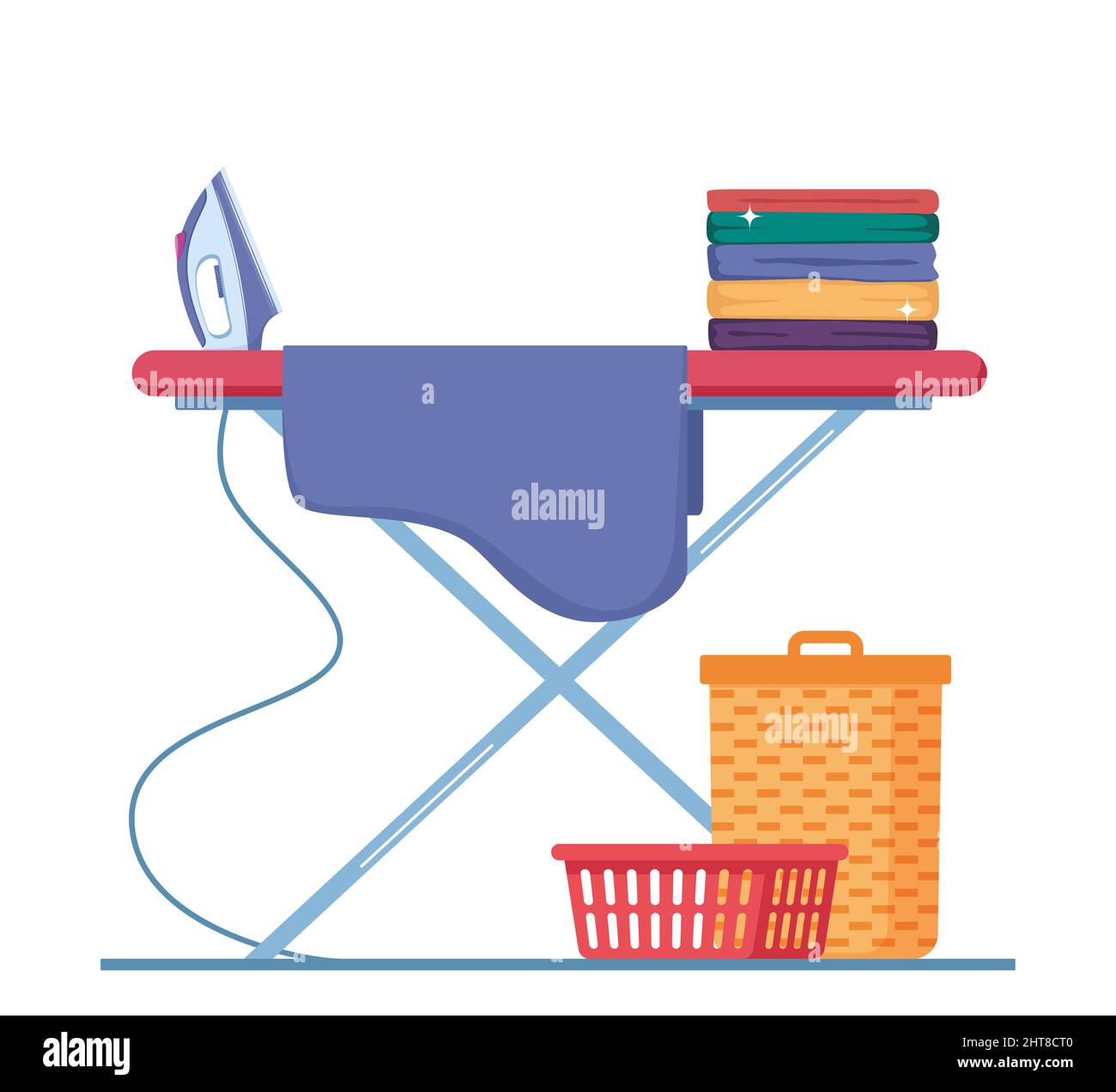 Iron and clothes on ironing board, laundry basket. Ironing clothes