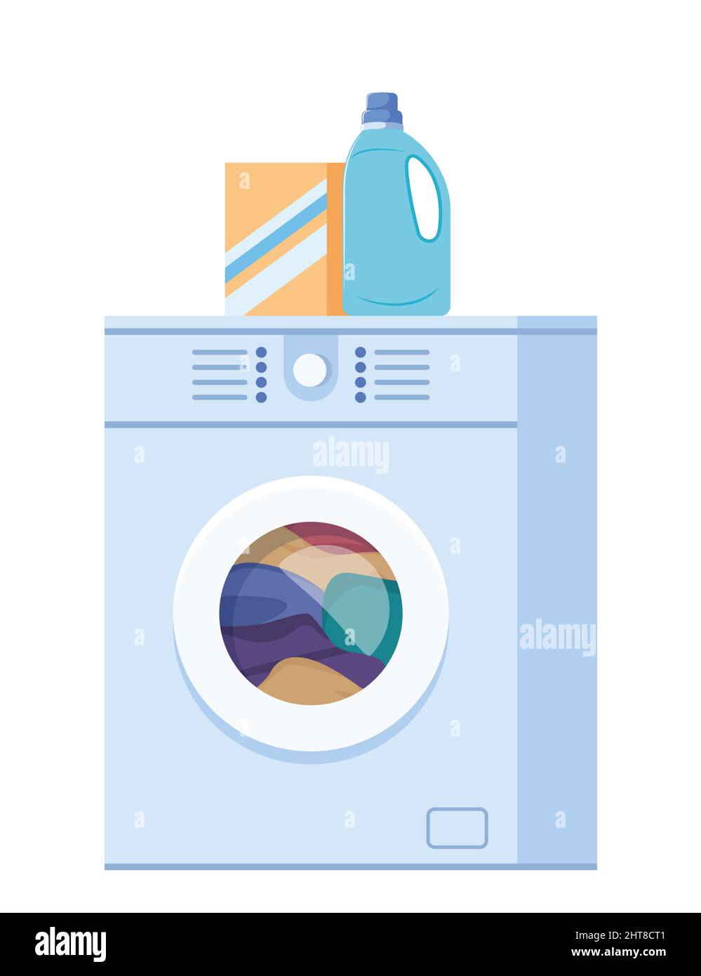 Washing machine with linen in it and cleaning products, washing powder
