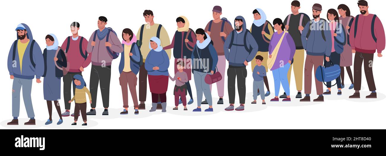 Queue refugee. Waiting people line, migration conflict, mob young iraq immigrants on border, long crowd coming patience poor persons, migrations problem, vector illustration. Crowd migration illegal Stock Vector