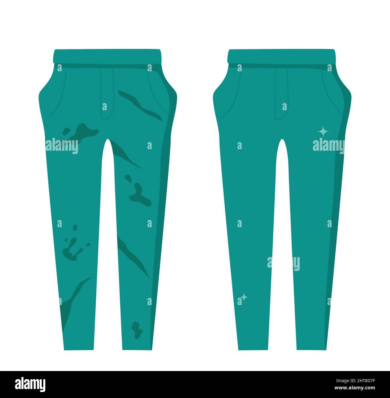Dirty untidy men's trousers with stains and neat clean trousers. Fresh cotton clothes with