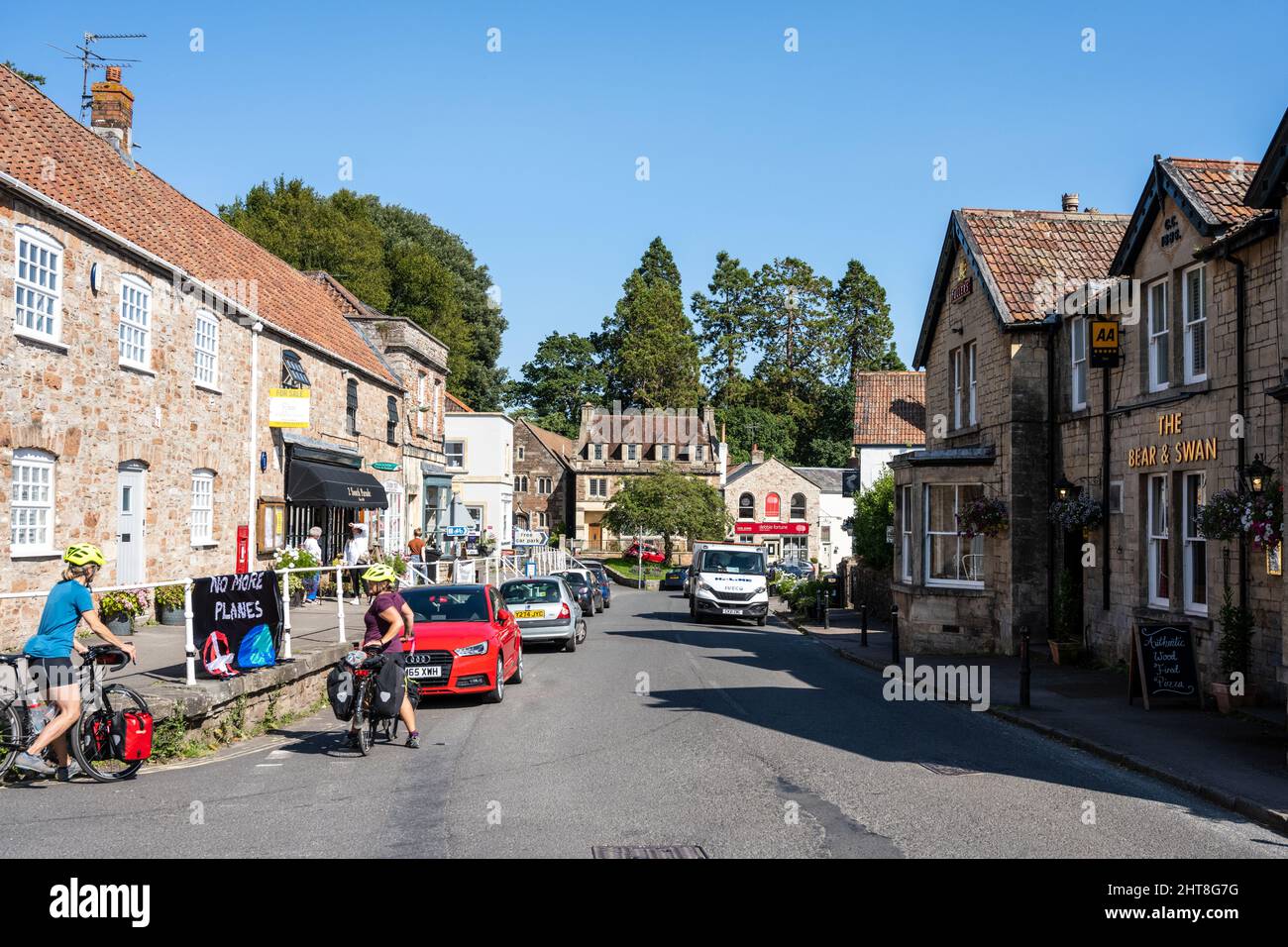 Traditional shops, houses and village pub cluster on the main street of Chew Magna village in North Somerset. Stock Photo