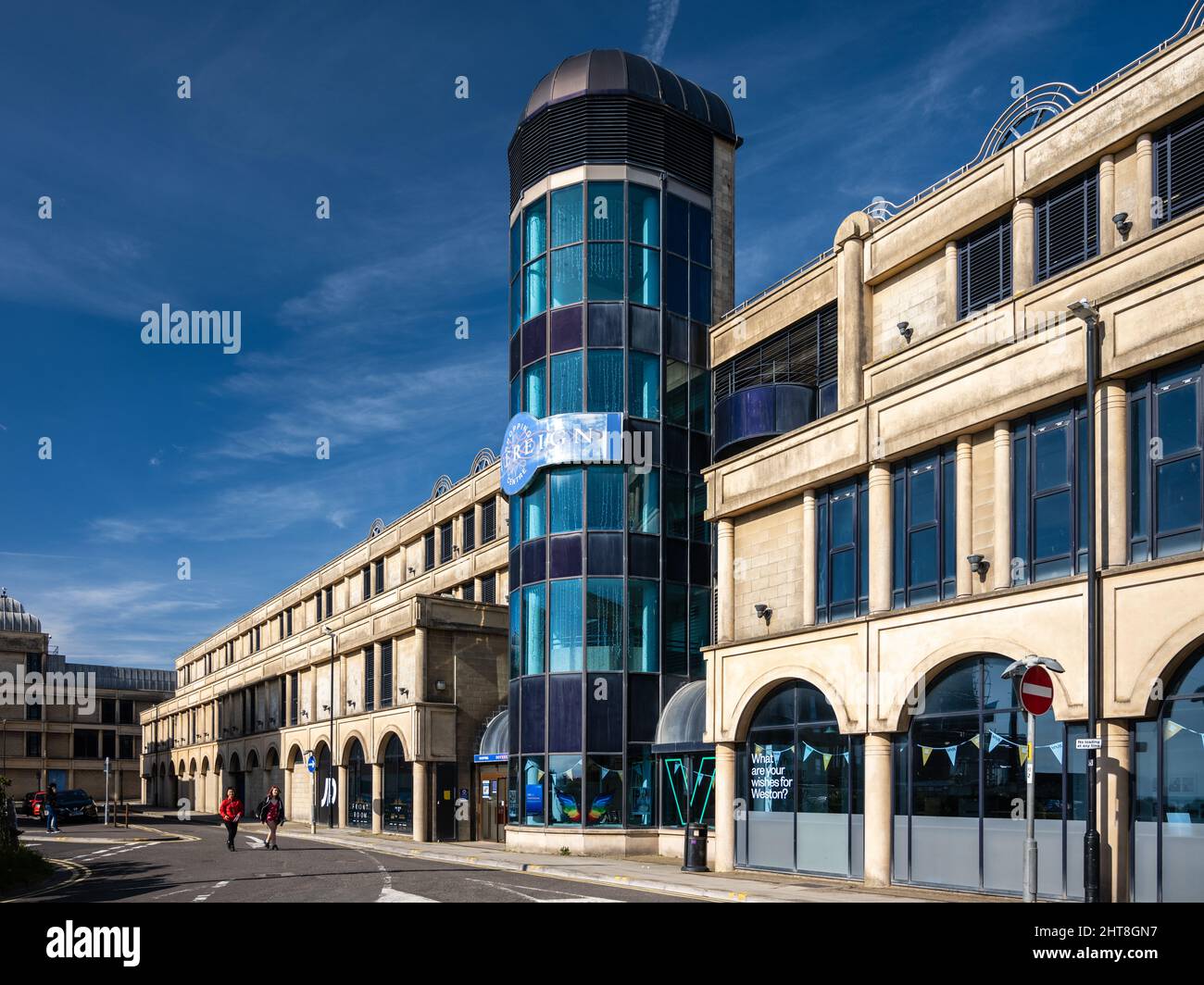 Sun shines on the 1990s Sovereign Shopping Centre in Weston-Super-Mare ahead of its refurbishment and repurposing following the decline of retail. Stock Photo