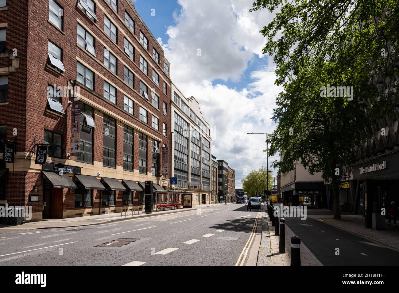Refurbished 20th century office buildings and warehouses line Princes Street in central Bristol. Stock Photo