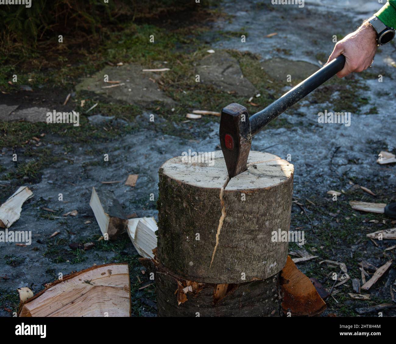 Chopping firewood with an ax Stock Photo - Alamy