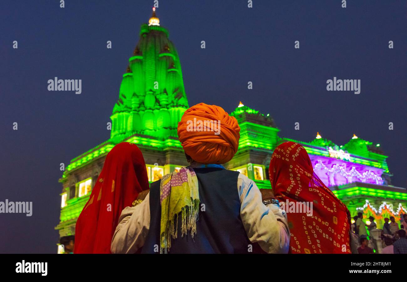Night view of illuminated Prem Mandir, Vrindavan, Mathura District, Uttar Pradesh, India Stock Photo