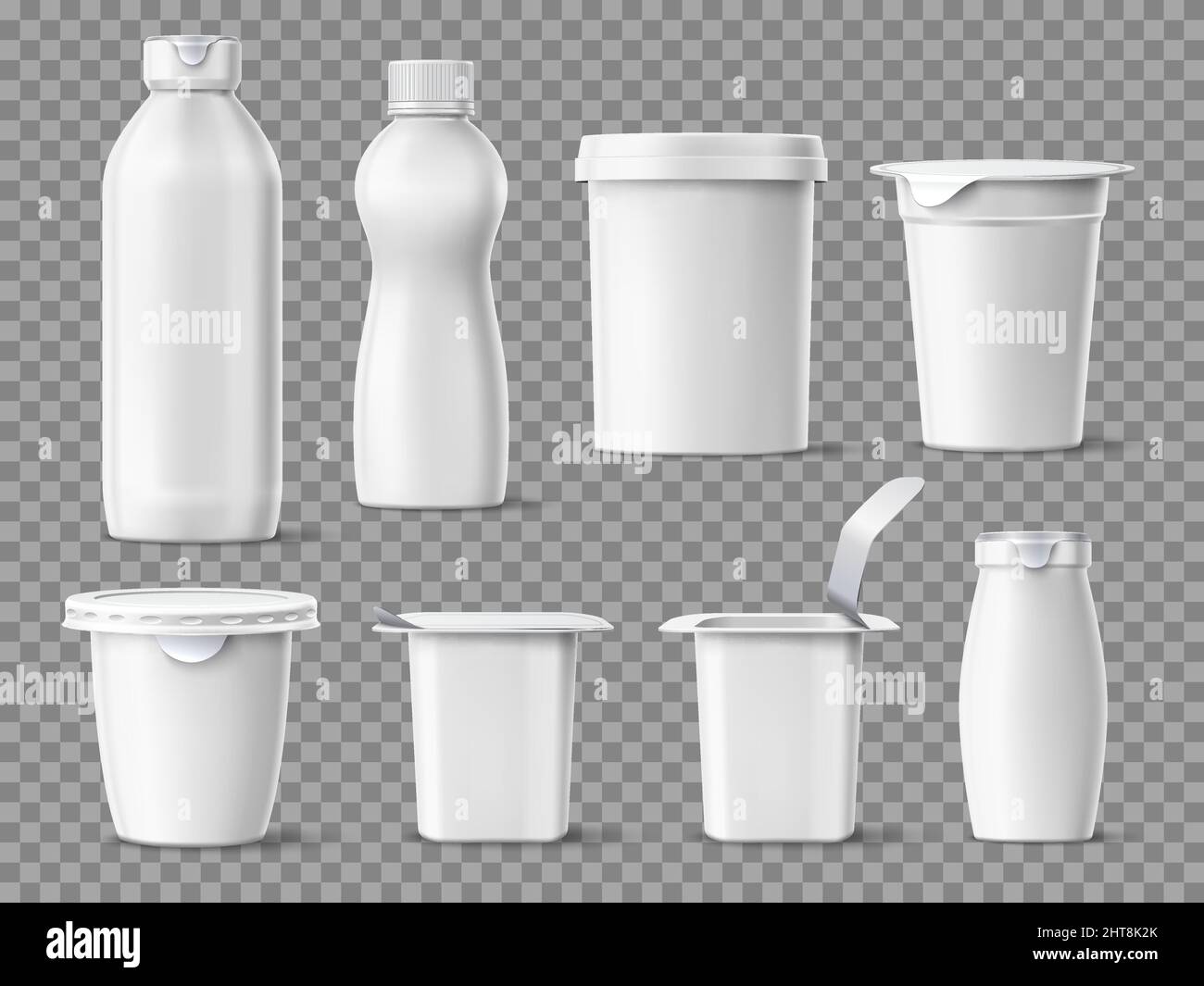 Realistic yogurt package. 3D white plastic containers for dairy