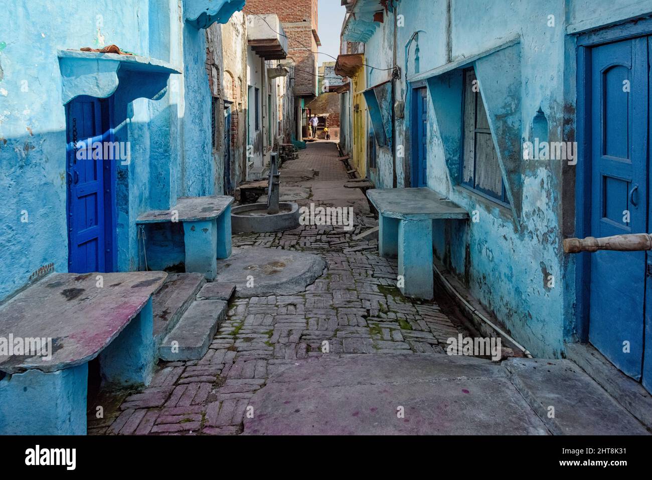 Blue houses, Baldeo, Mathura District, Uttar Pradesh, India Stock Photo
