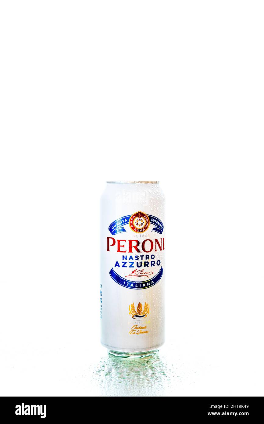 Can of Peroni Nastro Azzurro Beer and Beer Glass on Dark Background.  Illustrative Editorial Photo Shot in Bucharest, Romania, 2021 Editorial  Image - Image of glass, droplets: 221659065