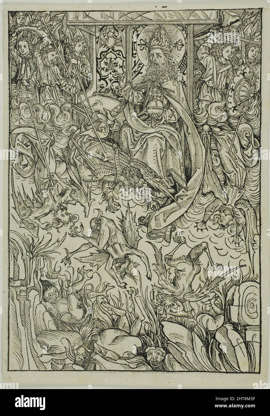 The Fall of Lucifer and the Rebel Angels (verso); The Gathering of the Angels (recto), pages three and two from the Treasury (Schatzbehalter), 1491. Stock Photo