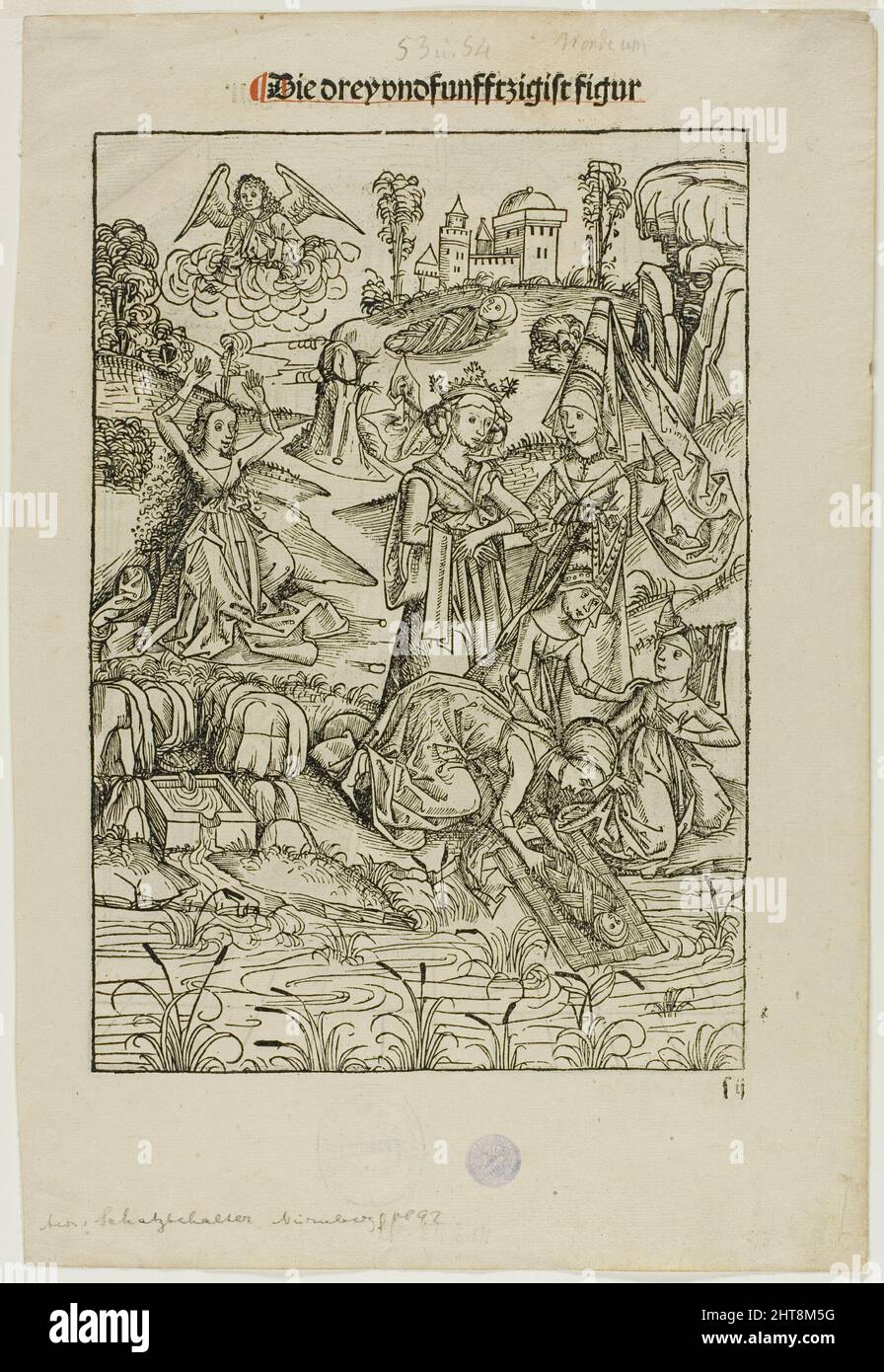 Moses Found by Pharaoh's Daughter (recto) and Judas's Betrayal (verso), pages 53 and 54, from the Treasury (Schatzbehalter), 1491. Stock Photo