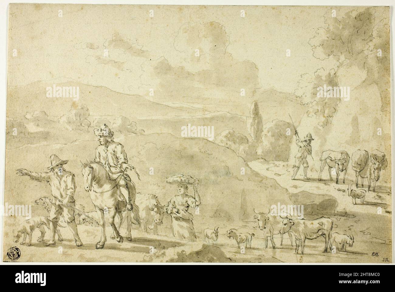 Cows, Sheep, Goats Being Herded, Herdsman Giving Directions to Traveler on Horseback, n.d. Stock Photo