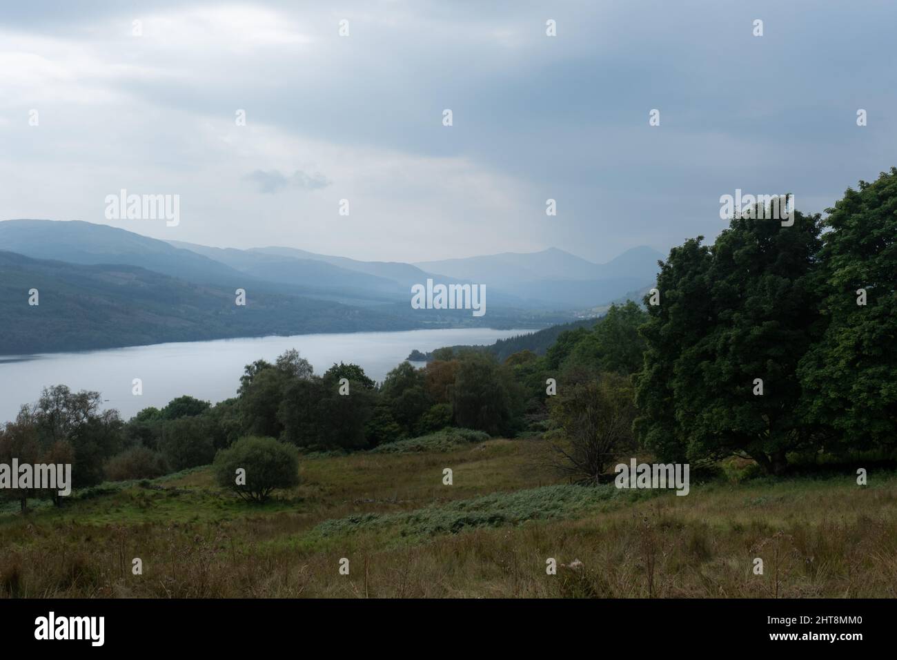 A view over Loch Tay from the north side near Fearnan towards Loch Lomond and Ben More, in Perth and Kinross, Scotland, United Kingdom Stock Photo