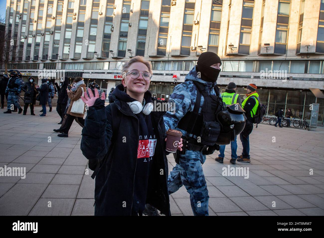 Moscow, Russia. 27th of February, 2022 Police officers detain a woman ...