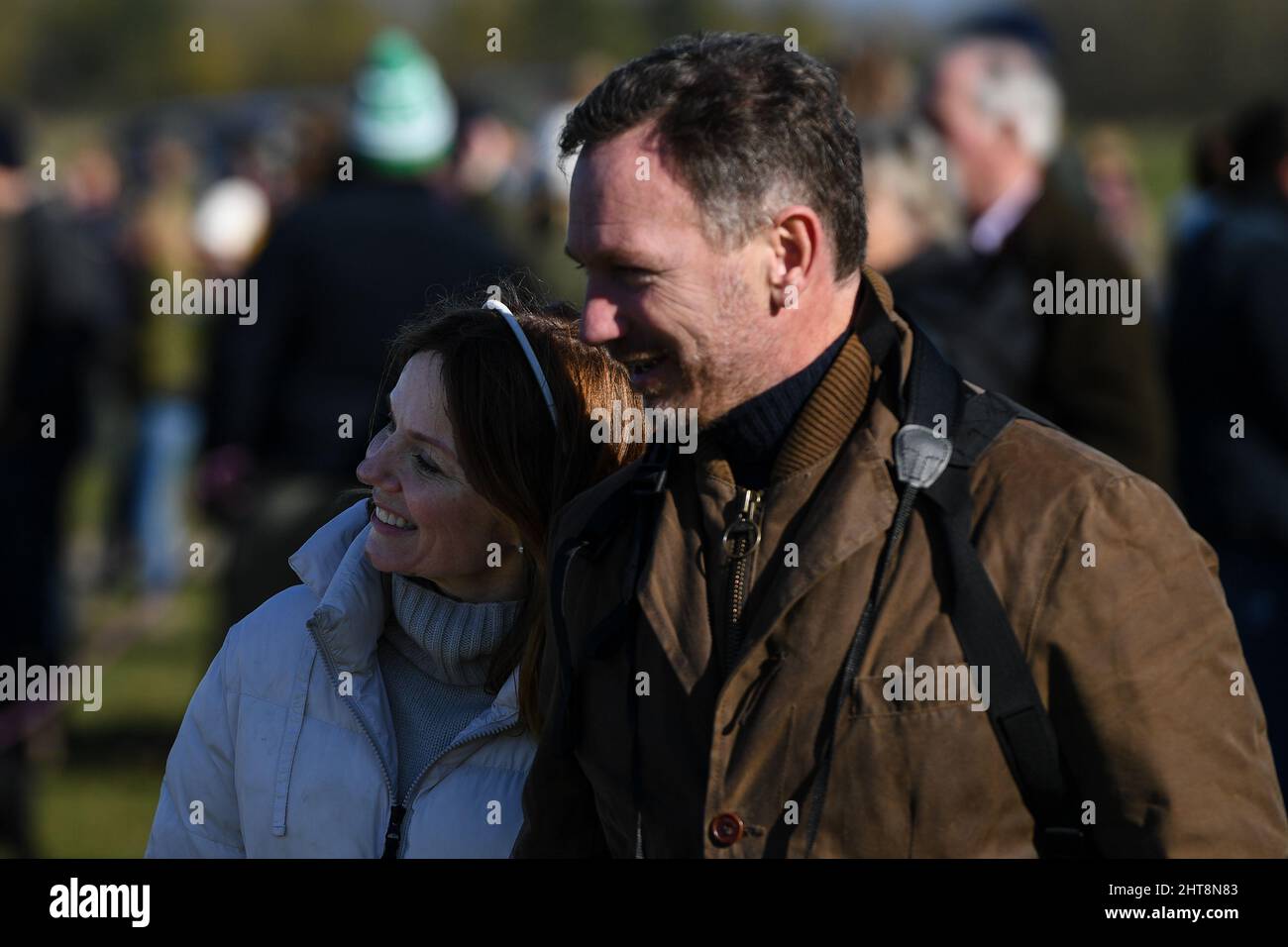 Larkhill, Wiltshire, UK, 27th Fenruary, 2022. Pictured left to right Geri Halliwell and Christian Horner OBE (Principal of the Red Bull Racing) at the South & West Wilts Hunt Point-to-Point. Credit: Peter Nixon/Alamy Live News Stock Photo