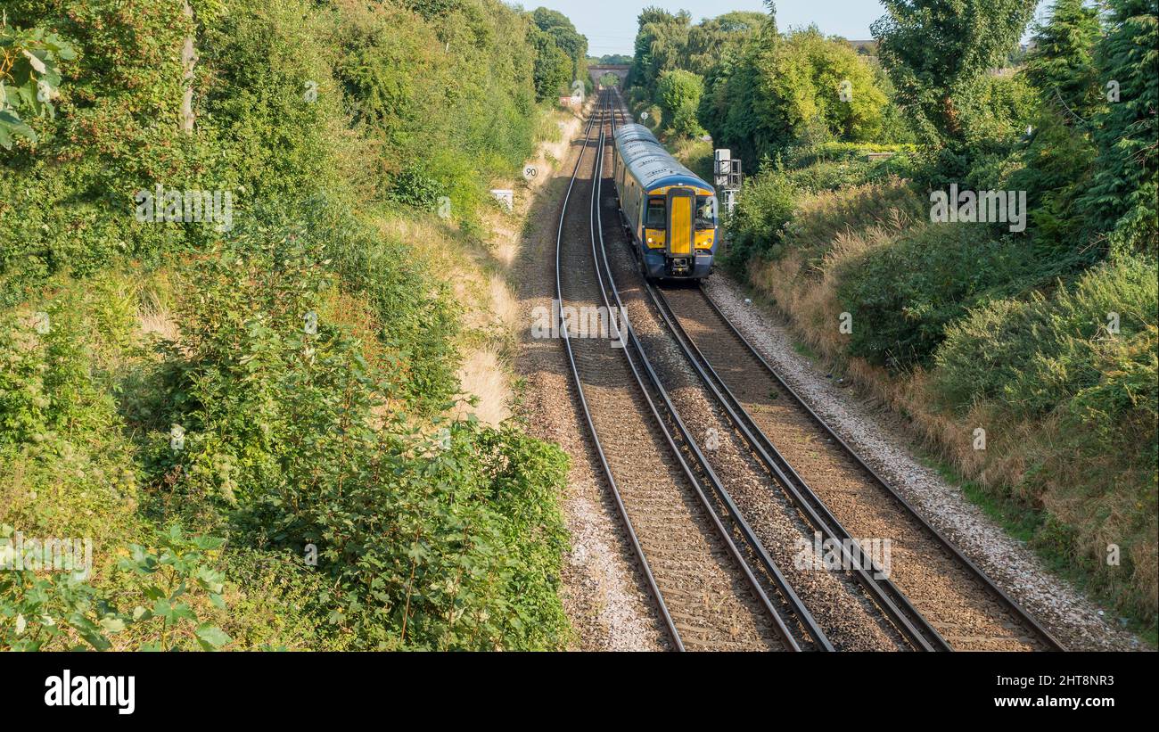 Train 375619 approaching Canterbury East station. The British Rail Class 375 is an electric multiple unit train that was built by Bombardier Transport Stock Photo