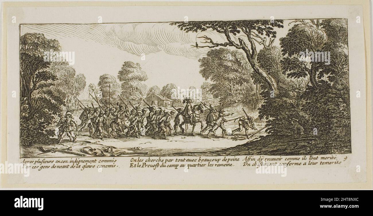 Discovery of the Criminal Soldiers, plate nine from The Large Miseries of War, n.d. Stock Photo