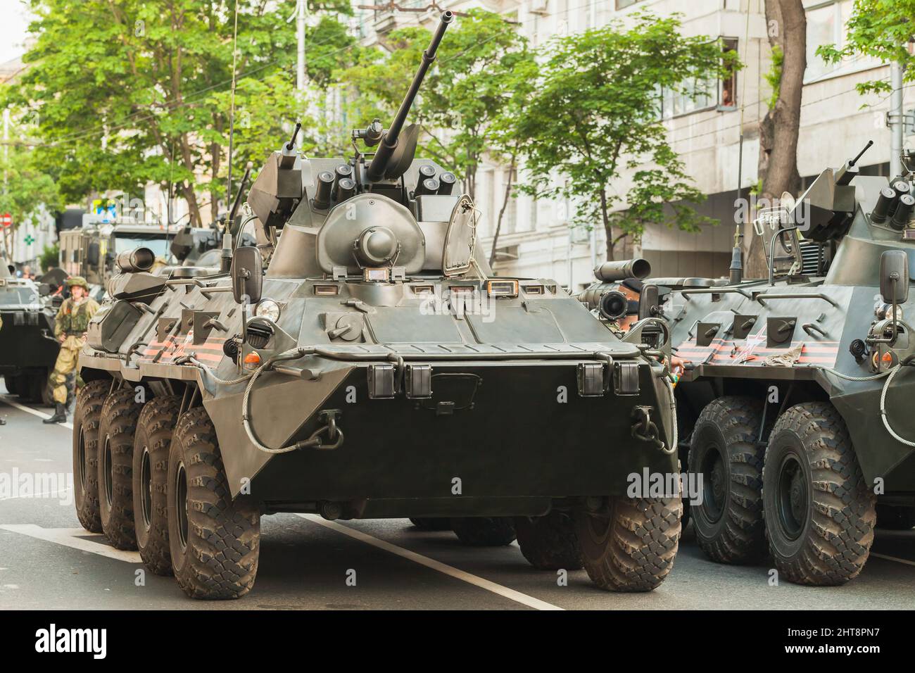 Sevastopol, Crimea - May 5, 2018: BTR-80 with soldiers of Russian Army. It is an 8×8 wheeled amphibious armoured personnel carrier designed in USSR Stock Photo